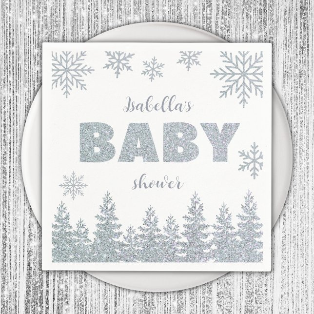 Bebisdusch för Winter Wonderland Silver Glitter Pappersservett (winter wonderland baby shower napkins silver glitter woodland)