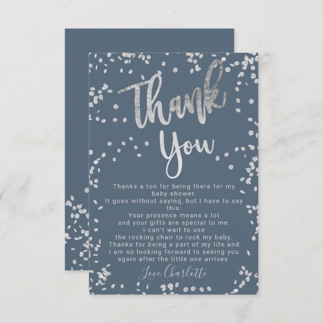 Bebisdusch i den moderna silver-folie-konfetti tack kort (Fram/baksida)