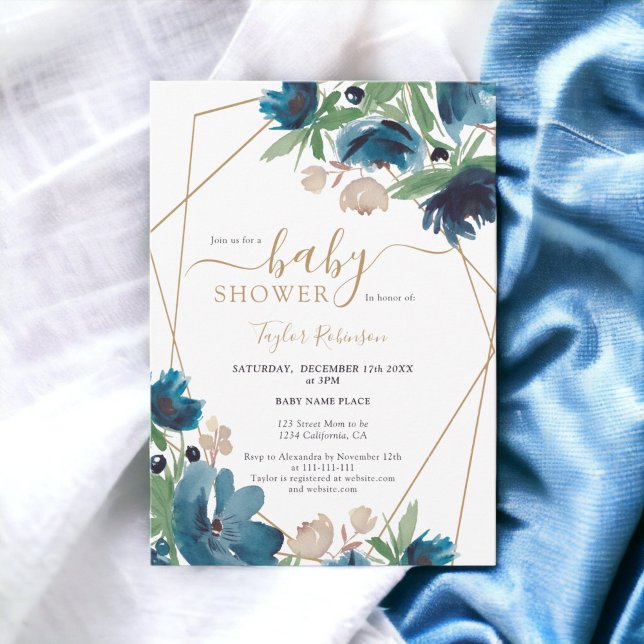 Bebisdusch i elegant, dammig blått guld Blommigt B Inbjudningar (Elegant dusty blue gold Floral Baby shower Invitation)