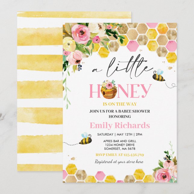 Bebisdusch Rosa lite honung på vägen Inbjudningar (Fram/baksida)
