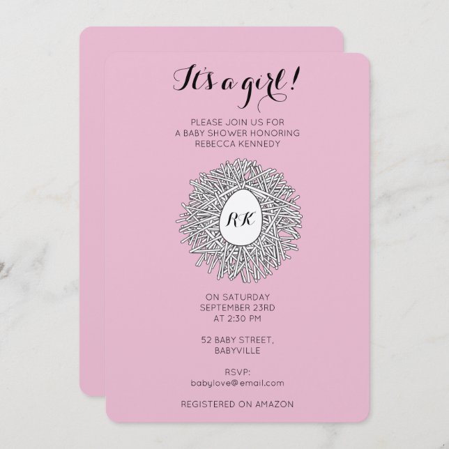 Bebisduschen Flicka i Cute Nest Monogram Inbjudningar (Fram/baksida)