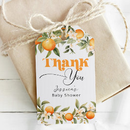 Bebisduschen med små citrusfrukter orangar tack. presentetikett