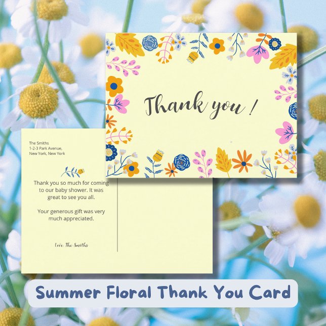 Bebisduschen med Watercolor Summer Flowers Tack Vykort (Summer Floral Thank you card - Baby Shower Thank you Card.)