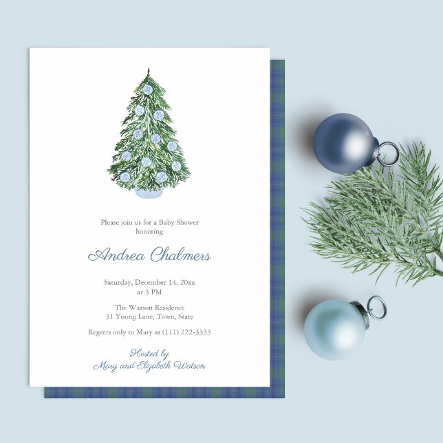 Bebisduschen Party i Watercolor Julgran Boy Inbjudningar (Elegant Watercolor blue and white decorated Christmas Holidays Tree Baby Shower Party Invitation)