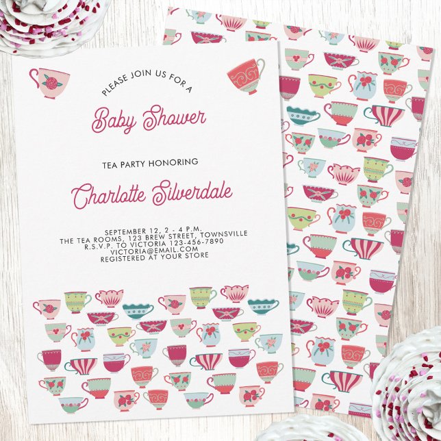 Bebisduschen Tea Party Inbjudningar (Retro pastel teacup personalized tea party baby shower invitation)