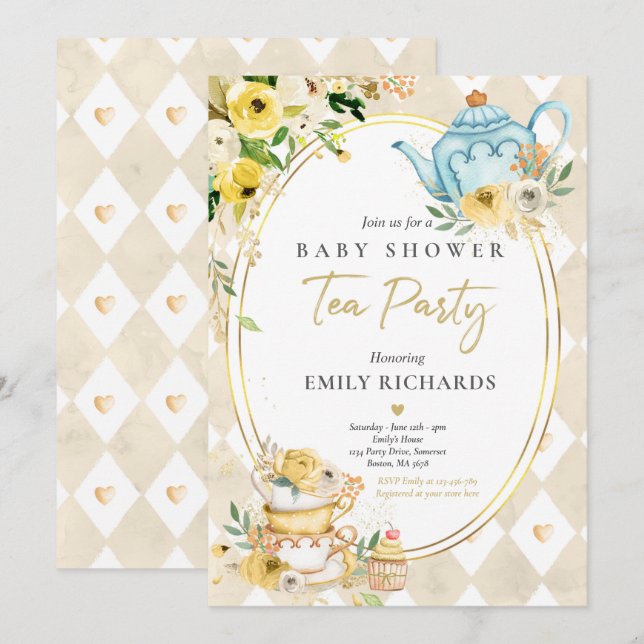 Bebisduschen Tea Party Kön Neutral Baby Brewing Inbjudningar (Fram/baksida)