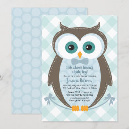 Bebisduschinbjudan till uggla-pojken blå brun inbjudningar