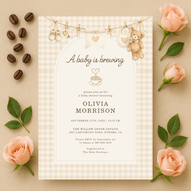 Bebisen brygger kaffe Rutig baby shower Inbjudningar (Skapare uppladdad)