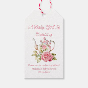 bebisen bryggs rosa blommor tekanna baby shower presentetikett