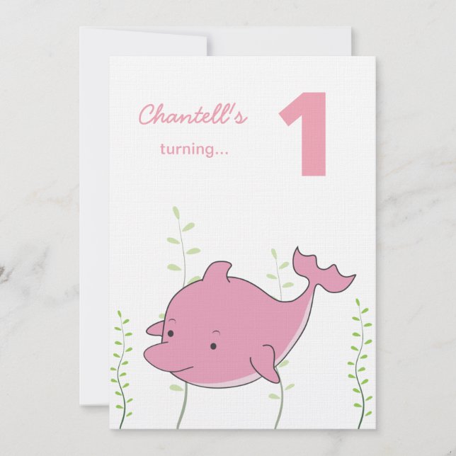 Bebisens 1:a födelsedagsfest under havet med delfi inbjudningar (Framsida)