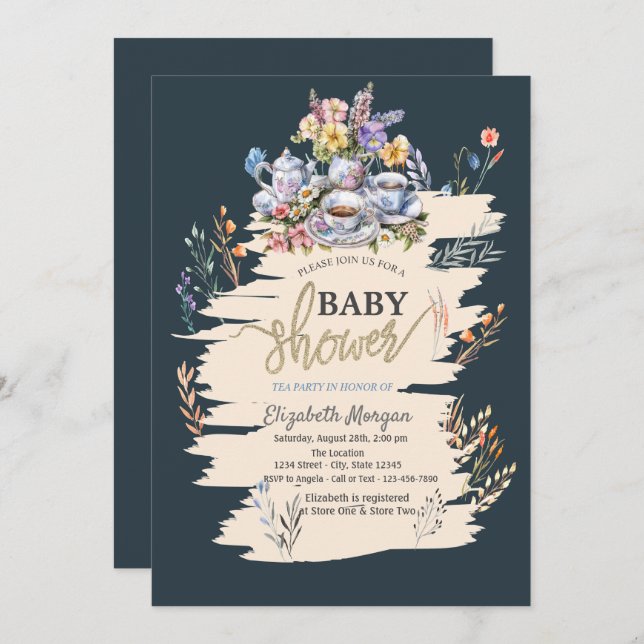 Bebisskuvret Te Party Wildbloms Meadow Baby Shower Inbjudningar (Fram/baksida)