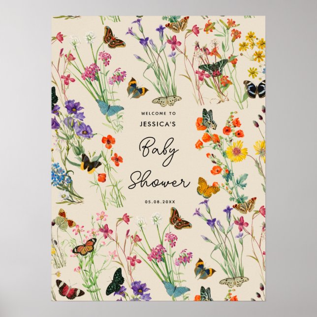 Bebisstövel för Watercolor Wildblommor Butterflies Poster (Framsidan)