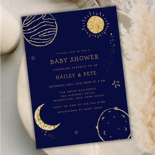 Bebisstövel vid marinblått Guld Galaxy Måne Star B Inbjudningar (Navy Blue Gold Galaxy Moon Star Boy Baby Shower Invitation)
