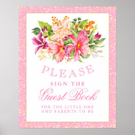 Bebisvisningsskylt Guest Bok Flowers Bouquet Rosa Poster