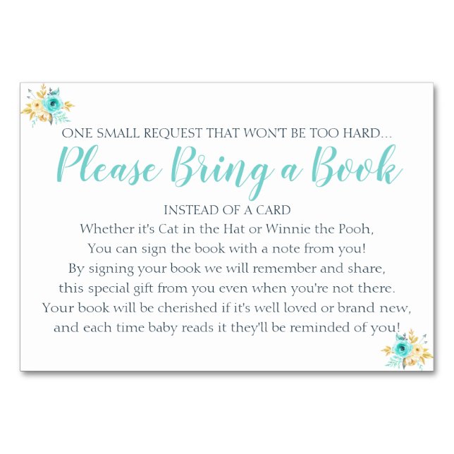 Bebisvykort för Guld Teal Blommigt för Bok-begäran Bordsnummer (Framsidan)