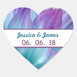 Bedande Blue och Lila Bröllop Dahlia A11A Hjärtformat Klistermärke