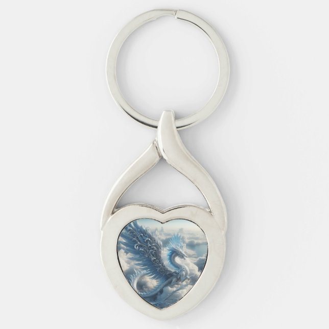 Bedande draken omgiven av moln twisted heart silverfärgad nyckelring (Framsidan)