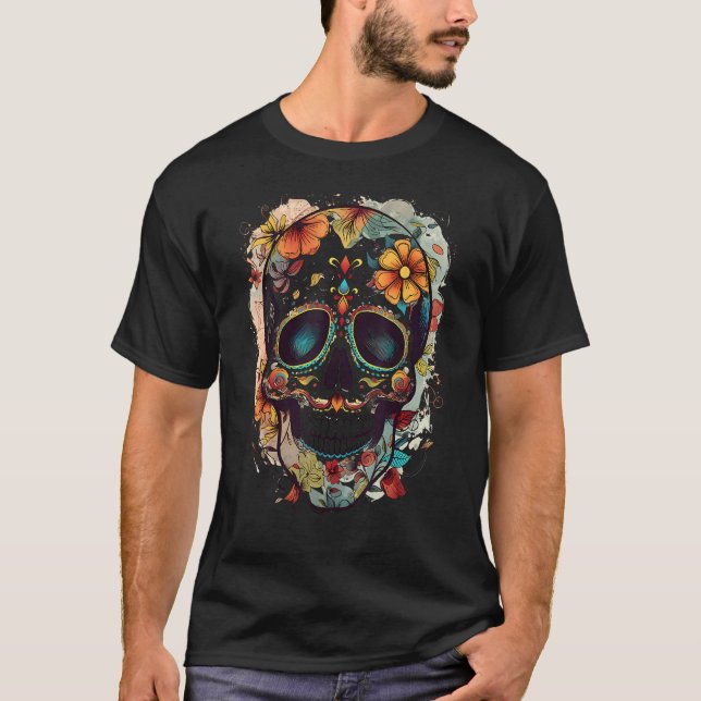 Bedande färgad sockerskiva Skull T Shirt (Framsida)