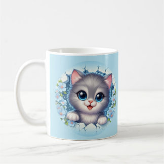 Bedårande 3D katt som tittar genom blommig väggdes Kaffemugg