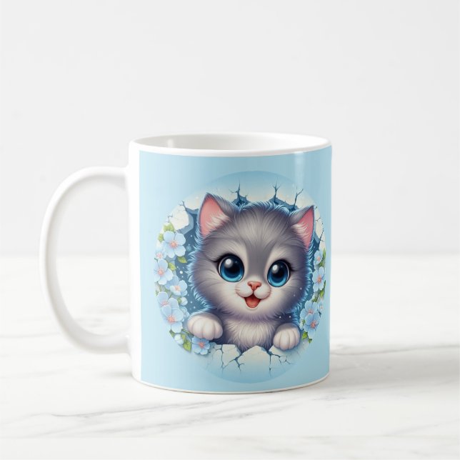 Bedårande 3D katt som tittar genom blommig väggdes Kaffemugg (Vänster)