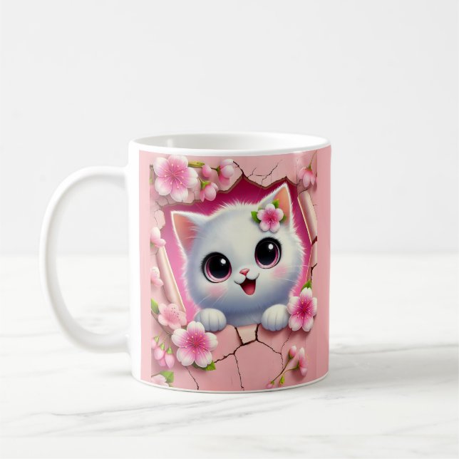 Bedårande 3D-katt som tittar genom blommig väggdes Kaffemugg (Vänster)