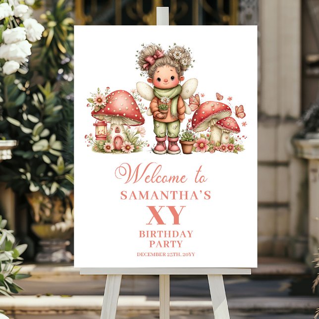 Bedårande Änglarosa Blommig Flickas Födelsedags Vä Poster (Adorable Fairy Pink Floral Girl Birthday Welcome Poster)