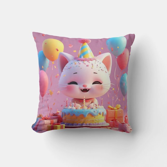 Bedårande Animerad Katt som Firar en Födelsedagsfe Kudde (Framsida)