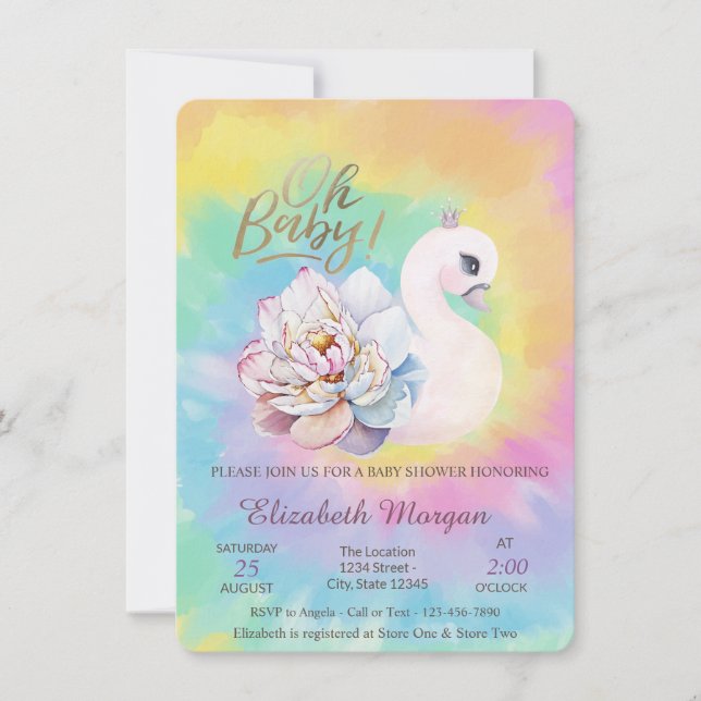 Bedårande baby svan Tie Dye baby shower  Inbjudningar (Framsida)
