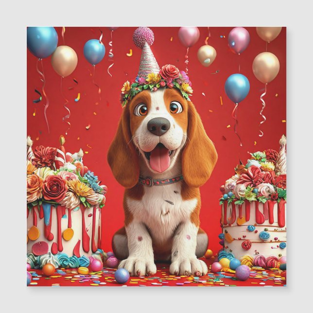 Bedårande Beagle Hund Firar Födelsedag Magnetisk Inbjudningskort (Framsida)