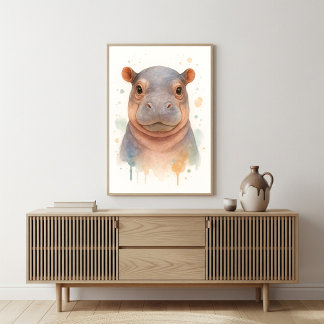 Bedårande Bebis Flodhäst Vattenfärgskonst Poster