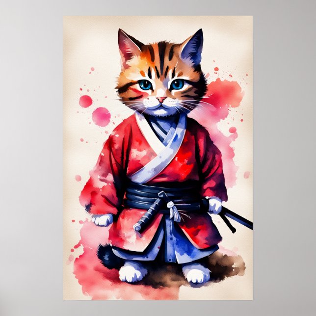 Bedårande bebis katt samuraj akvarell konst poster (Framsidan)