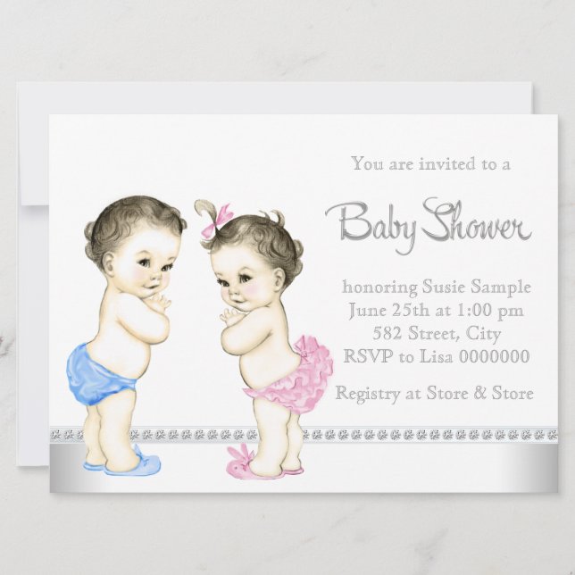 Bedårande bebisar Rosa och Blå Tvilling Babyshower Inbjudningar (Framsida)