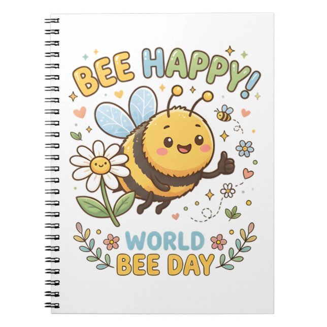 Bedårande "Bee Happy!"-illustration för World Bee  Anteckningsbok (Framsidan)