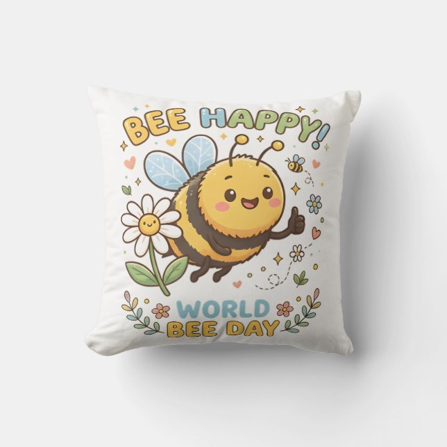 Bedårande "Bee Happy!"-illustration för World Bee  Kudde (Framsida)