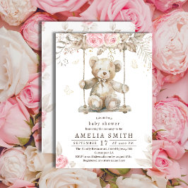 Bedårande Beige Akvarell Teddybjörn Rosa Blommor Inbjudningar