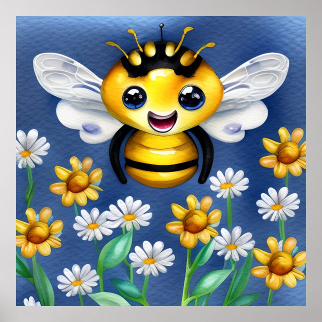 Bedårande Bina i en Blomsterträdgård Akvarell Poster (Framsidan)