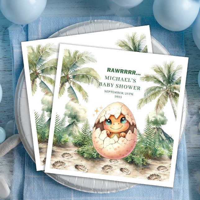 Bedårande Blå Dino Baby Shower Kläcks Snart Namn Pappersservett (Adorable Blue Dino Baby Shower Hatching Soon Name Napkins)