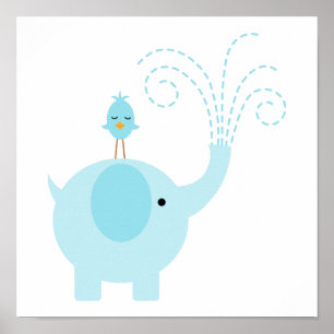 Bedårande blå elefant och fågel poster