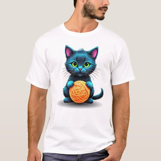 Bedårande blå katt med garnboll t shirt (Framsida)