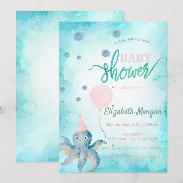 Bedårande bläckfiskballong sommarbebis-babyshower inbjudningar (Fram/baksida)