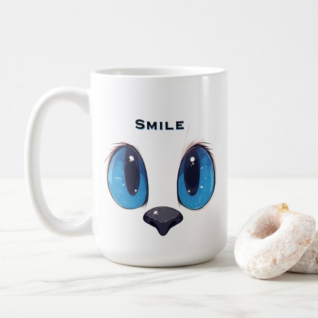 Bedårande blåögd kattansikte Sött Kawaii-kattdesig Kaffemugg (Med munk)