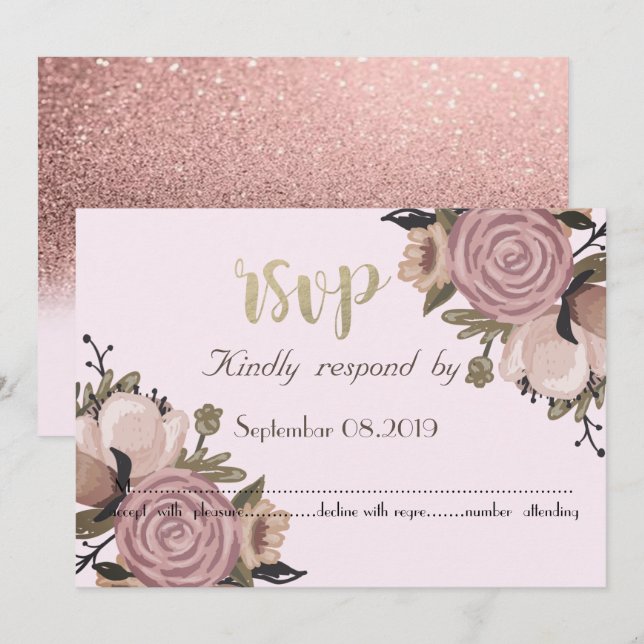 Bedårande Blommig, Glitter RSVP Inbjudningar (Fram/baksida)