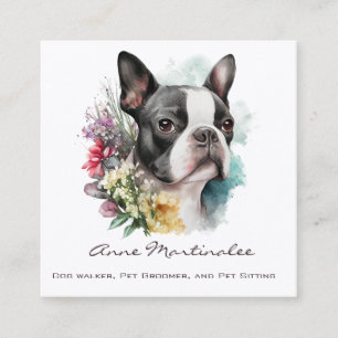 Bedårande Boston Terrier och blommor Vattenfärg Fyrkantigt Visitkort