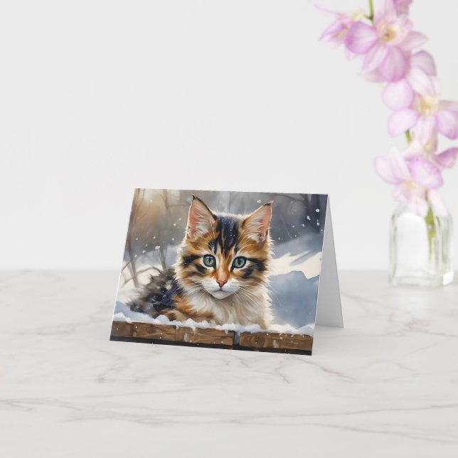 Bedårande Calico-Katt i Snö Blank Välkomsthälsning Kort (Orkide)