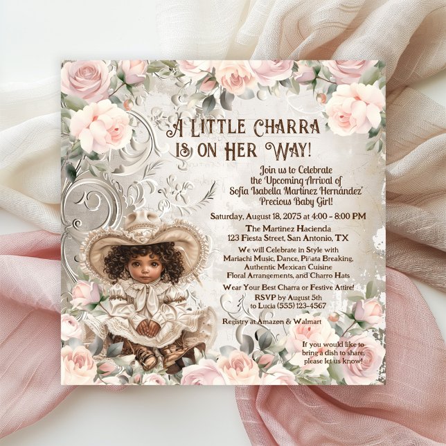 Bedårande Charra Baby Shower Inbjudningar (Adorable Charra baby shower invitations with pretty pink roses.)