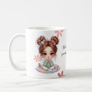 Bedårande Chibi-Flicka Sittande på Kudd med Citat Kaffemugg