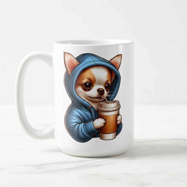 Bedårande Chihuahua dricker kaffe ur kopp (Vänster)