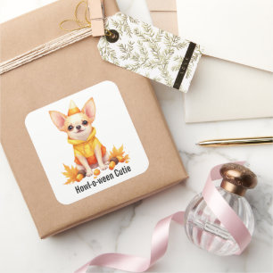 Bedårande chihuahua-valp i candy corn-dräkt fyrkantigt klistermärke