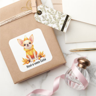 Bedårande chihuahua-valp i candy corn-dräkt fyrkantigt klistermärke