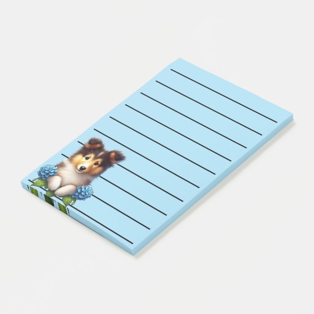 Bedårande collie-valp med blå blommor  post-it block (Vinklad)